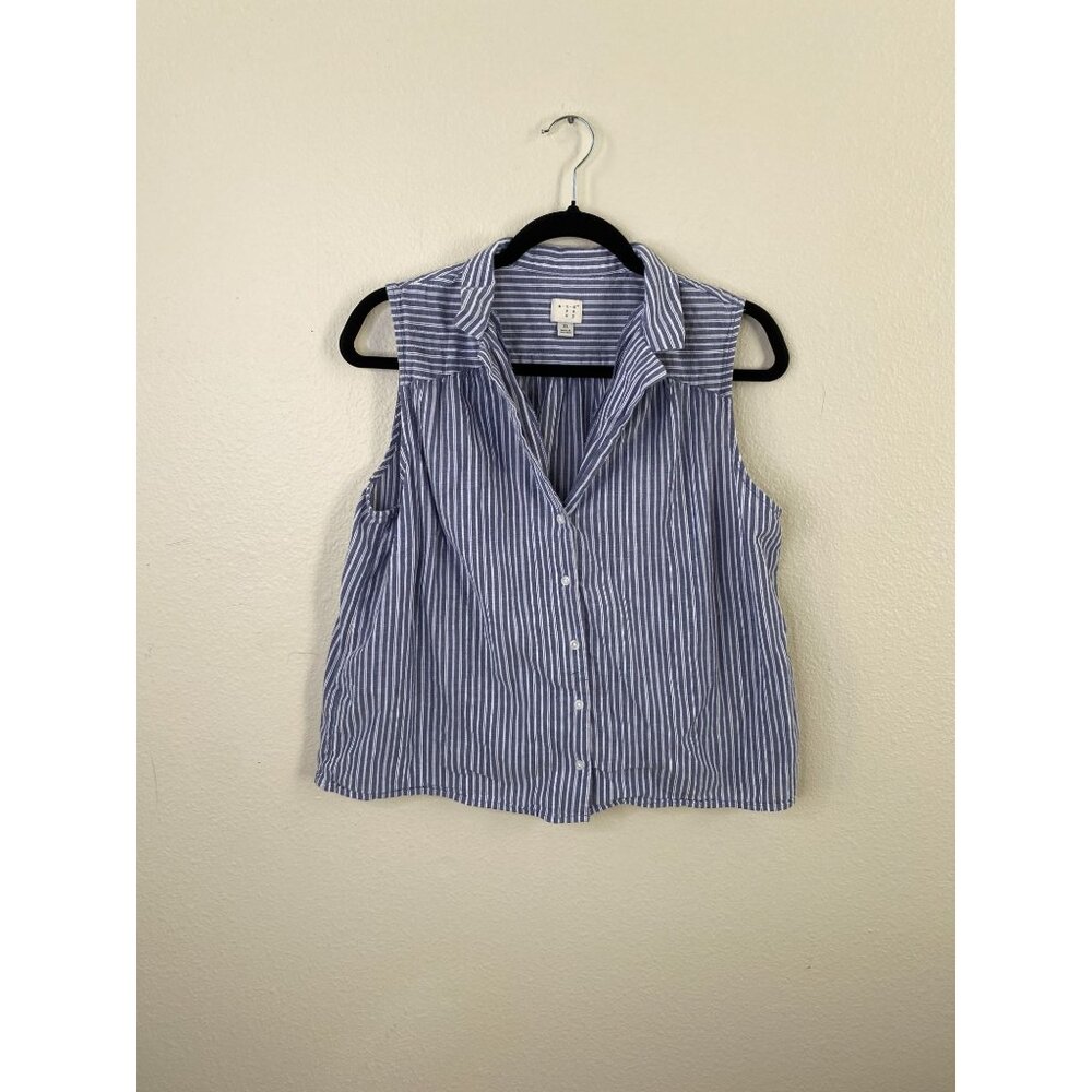 A New Day Womens Blue Gray Sleeveless Button-Down Striped Cotton Top XL Collared